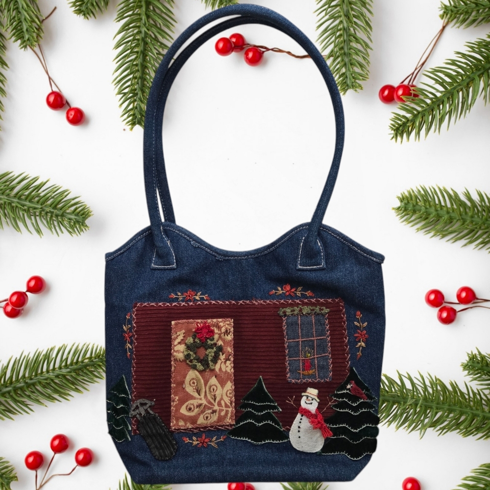 VTG CAPPELLI STRAWORLD Christmas Snowman Holiday Scene Denim Tote Bag